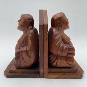 Vintage Teakwood Happy Buddha Bookends Thailand Hand Carved Home Decor Art